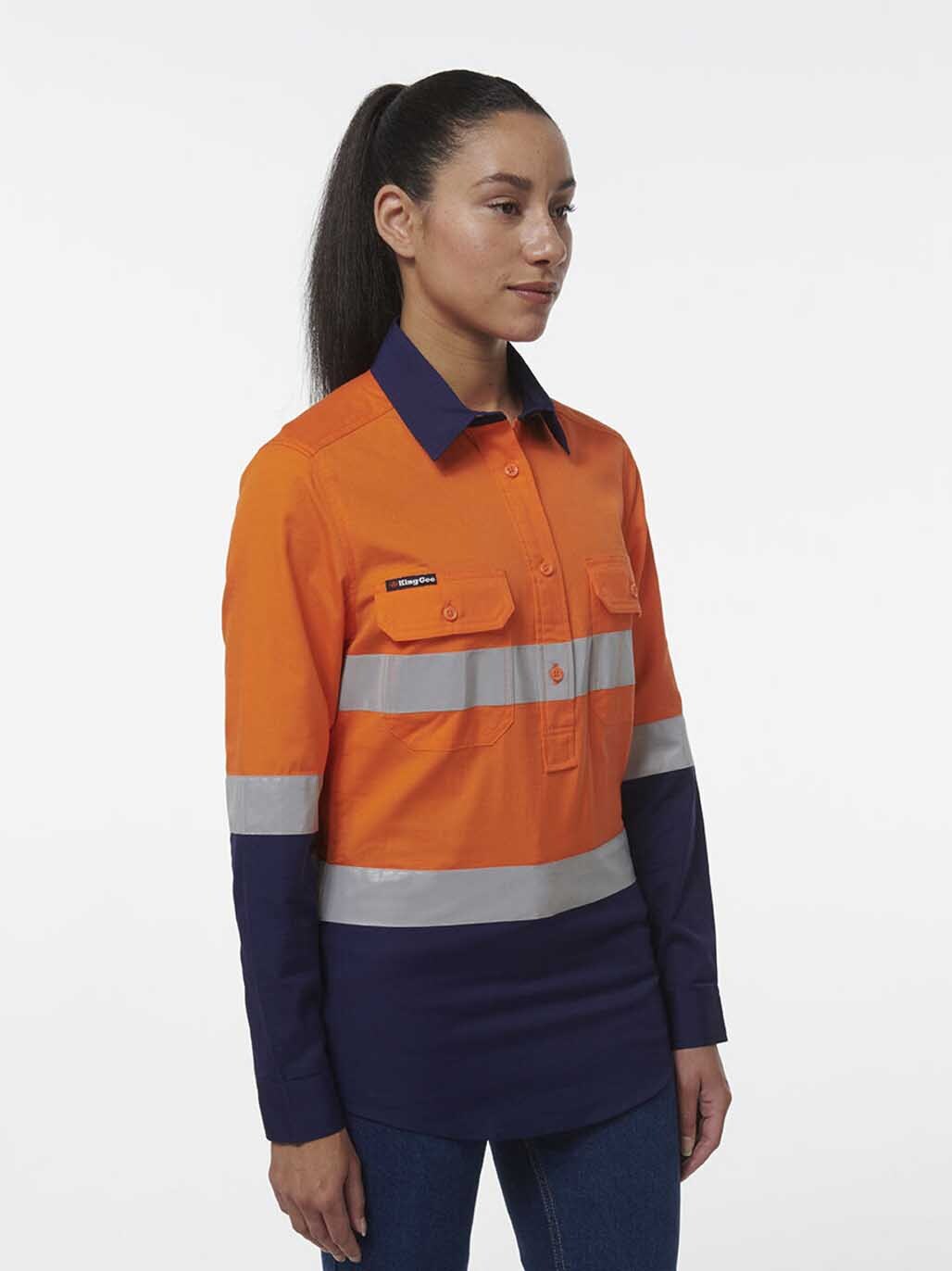 KingGee Womens Workcool Vented Closed Front Reflective Shirt K44230