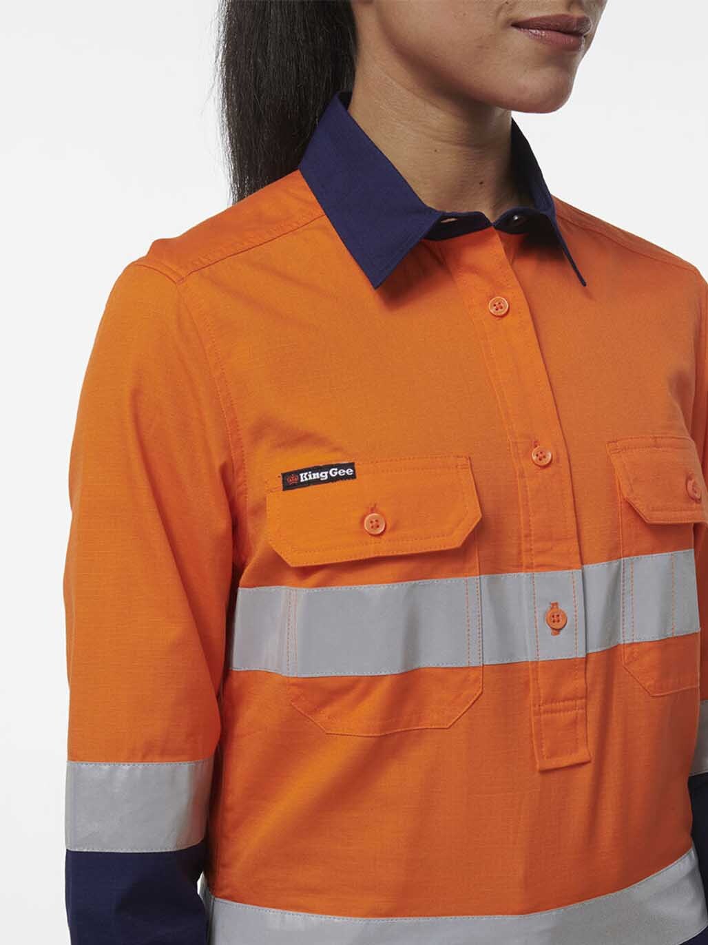KingGee Womens Workcool Vented Closed Front Reflective Shirt K44230