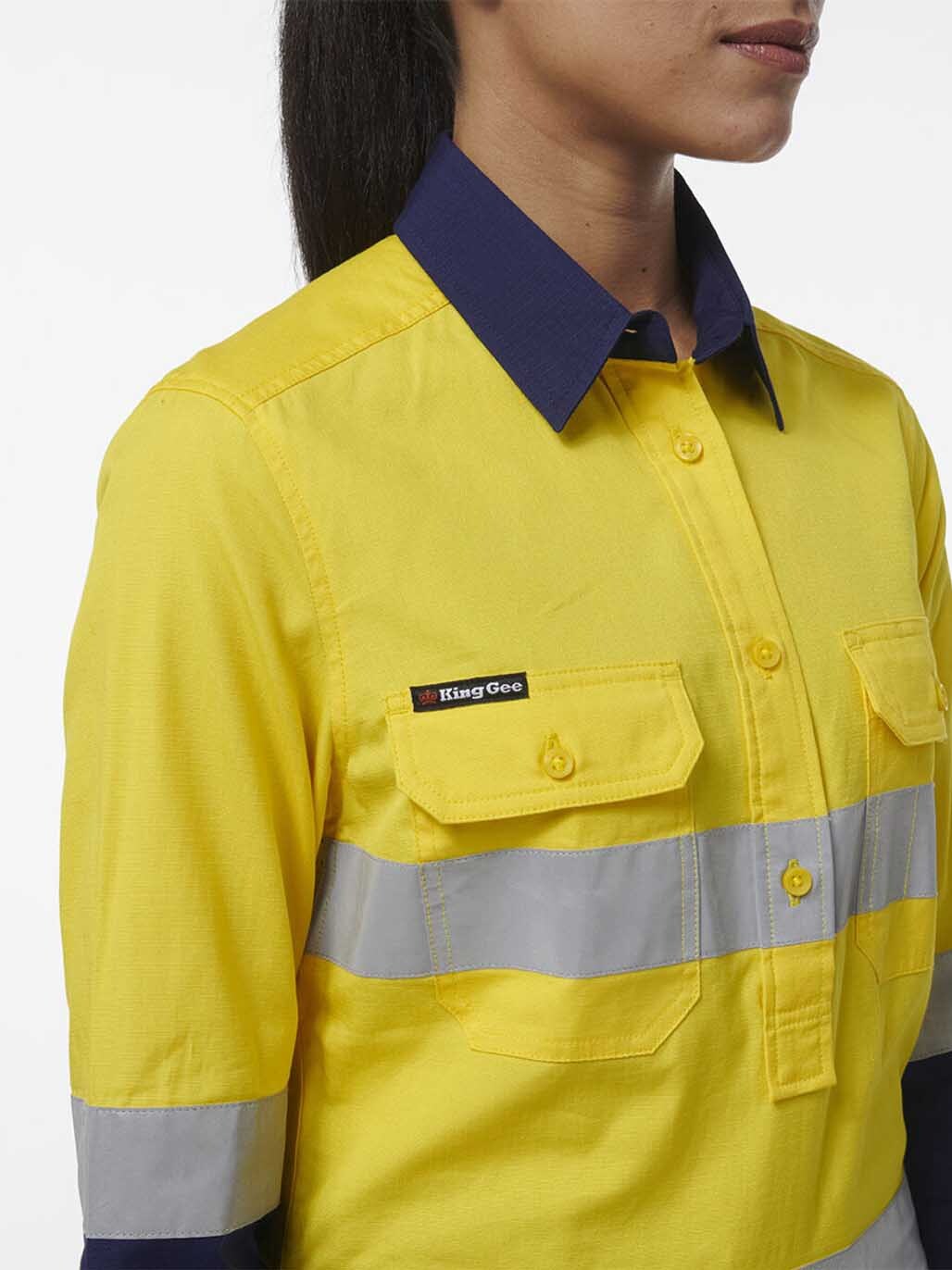 KingGee Womens Workcool Vented Closed Front Reflective Shirt K44230