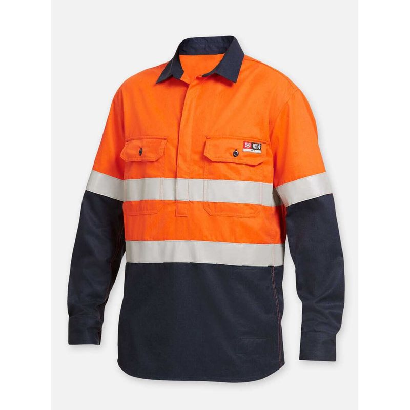 KingGee Kinggee Mens Shieldtec Flame Resistant Hi Vis 2 Tone Closed Front Taped Shirt PPE2 Y04550