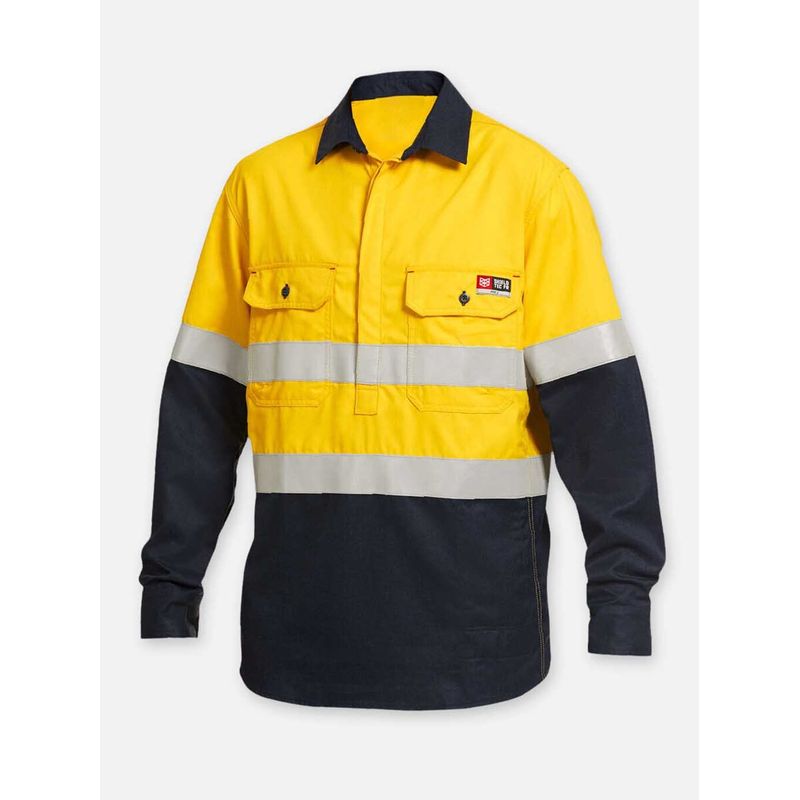 KingGee Kinggee Mens Shieldtec Flame Resistant Hi Vis 2 Tone Closed Front Taped Shirt PPE2 Y04550