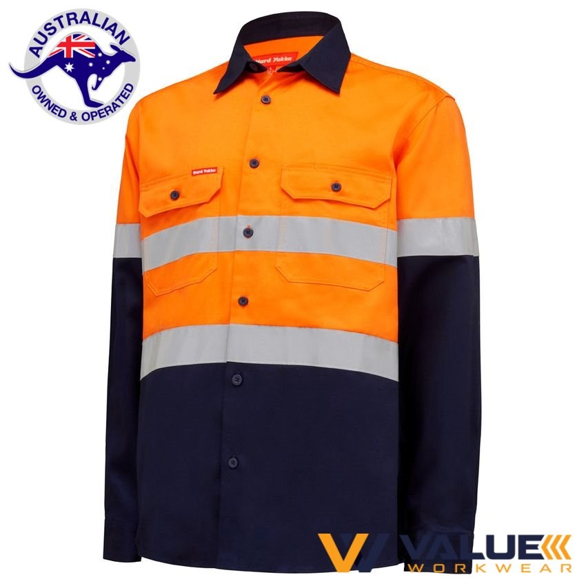 Hard Yakka Hi vis Long Sleeve 2 Tone Cotton Drill Shirt with Tape Y04610