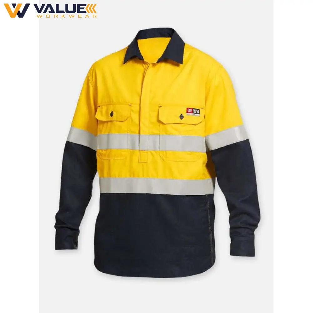 KingGee Kinggee Mens Shieldtec Flame Resistant Hi Vis 2 Tone Closed Front Taped Shirt PPE2 Y04550