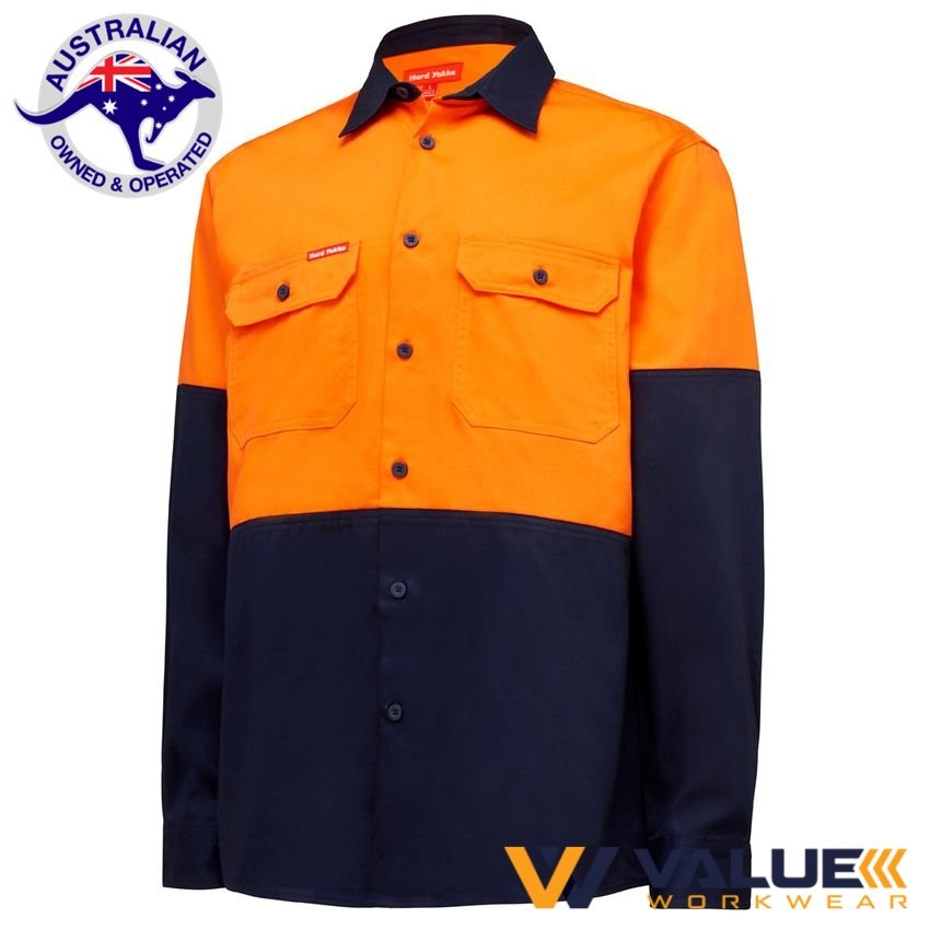 Hard Yakka Hi vis Long sleeve Heavy weight 2 Tone Cotton Drill Shirt Y04605